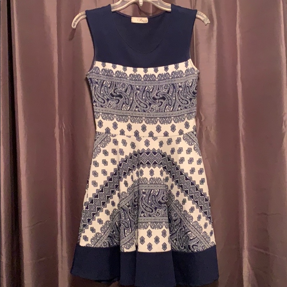Navy and white dress with paisley print